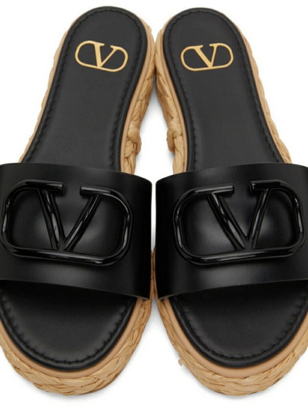 Valentino Garavani Black Leather and Raffia Platform Slides - Picture 2 of 5